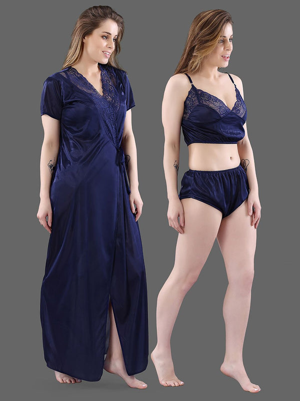 Be You Women Set Of 2 Navy Blue Maxi 1Robe with Lingerie Set Nightdress