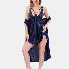Be You Solid Lace Details Satin Nighty with Robe