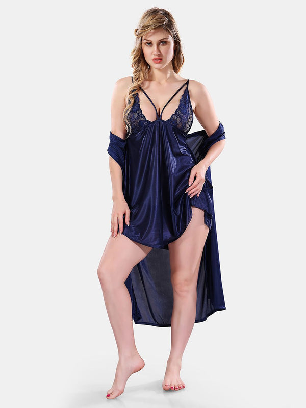 Be You Solid Lace Details Satin Nighty with Robe