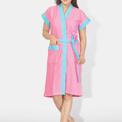 Be You Pink Solid Cotton Drawstring Knee Length Bath Robe-L/XL