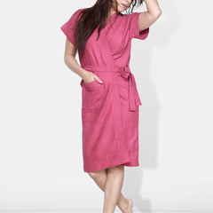 Be You Rose Solid Cotton Drawstring Knee Length Bath Robe-L/XL