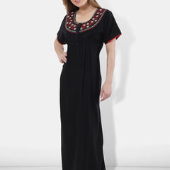 Be You Women Black Embroidered Maxi Nightdress