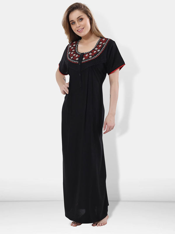 Be You Women Black Embroidered Maxi Nightdress