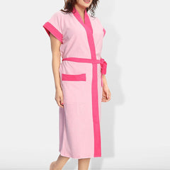 Be You Two-Tone, Fashion Pink Solid Cotton Drawstring Knee Length Bath Robe-L/XL