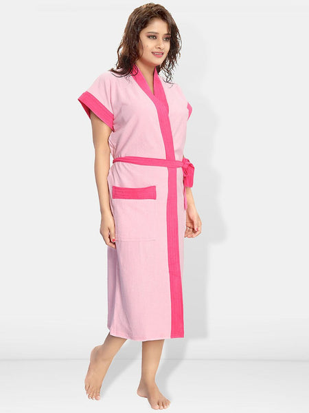 Be You Two-Tone, Fashion Pink Solid Cotton Drawstring Knee Length Bath Robe-L/XL