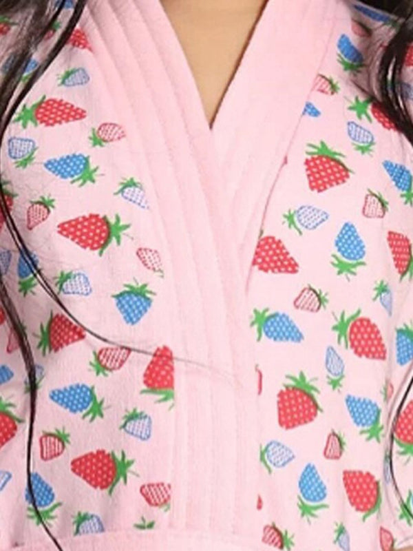 Be You Strawberry Print Pink Conversational Cotton Drawstring Knee Length Bath Robe