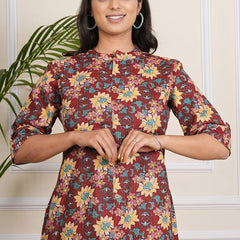 Be You Floral Printed Band Collar A-line Kurta With Palazzos
