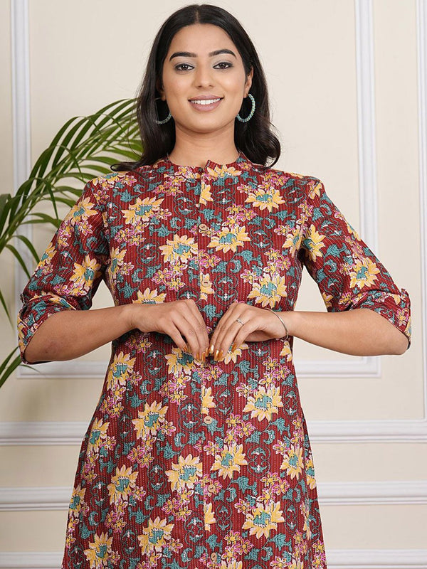 Be You Floral Printed Band Collar A-line Kurta With Palazzos