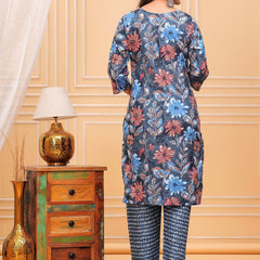 Be You Floral Printed Notch Neck Straight Kurta With Trousers