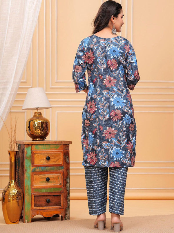 Be You Floral Printed Notch Neck Straight Kurta With Trousers