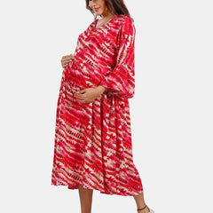 Be You Abstract Printed Bell Sleeves Maternity Fit and Flare Dress