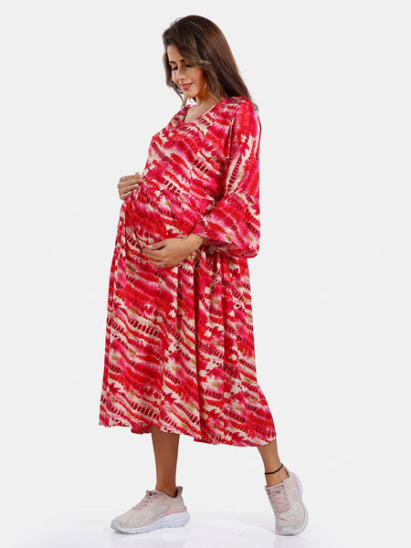 Be You Abstract Printed Bell Sleeves Maternity Fit and Flare Dress