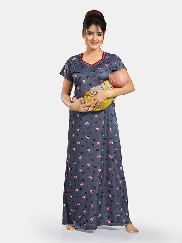 Be You Floral Printed Satin Maternity Maxi Sweat Nightdress