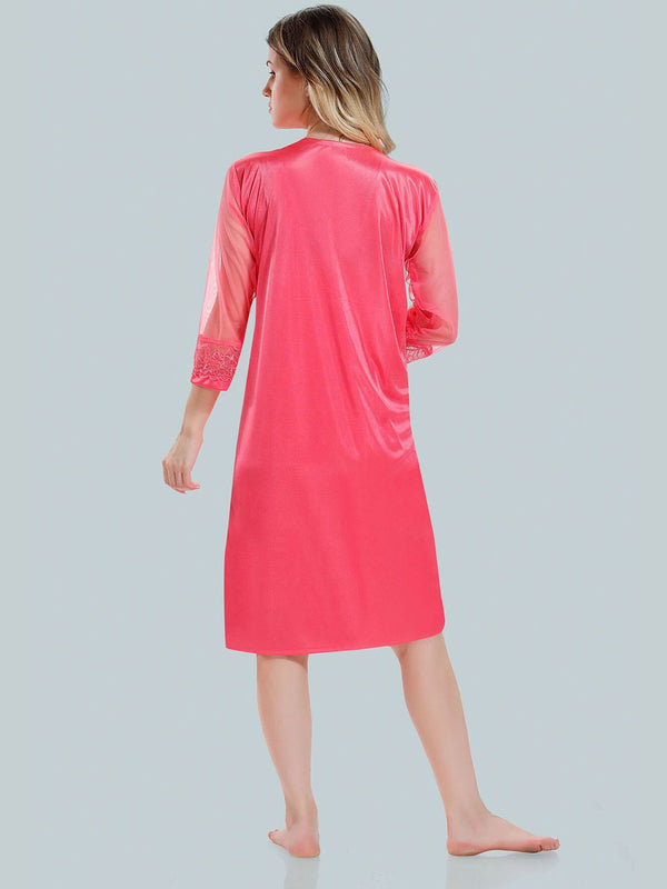 Be You Solid Lace Details Satin Nighty with Robe