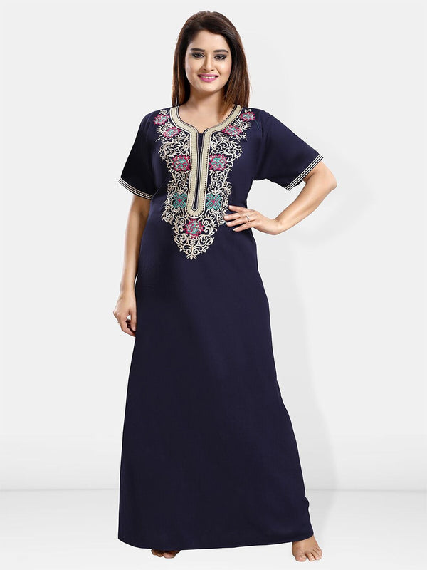 Be You Ethnic Motifs Embroidered Maxi Nightdress