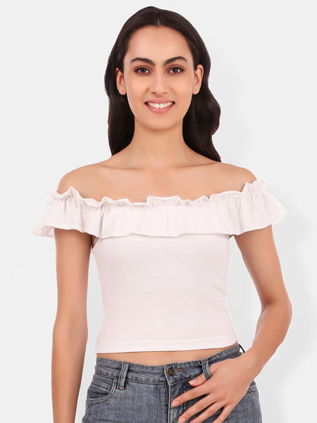 Be You Off-Shoulder Ruffles Cotton Bardot Crop Top