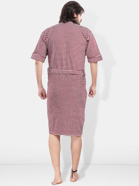 Be You Maroon Striped Cotton Drawstring Knee Length Bath Robe-3XL