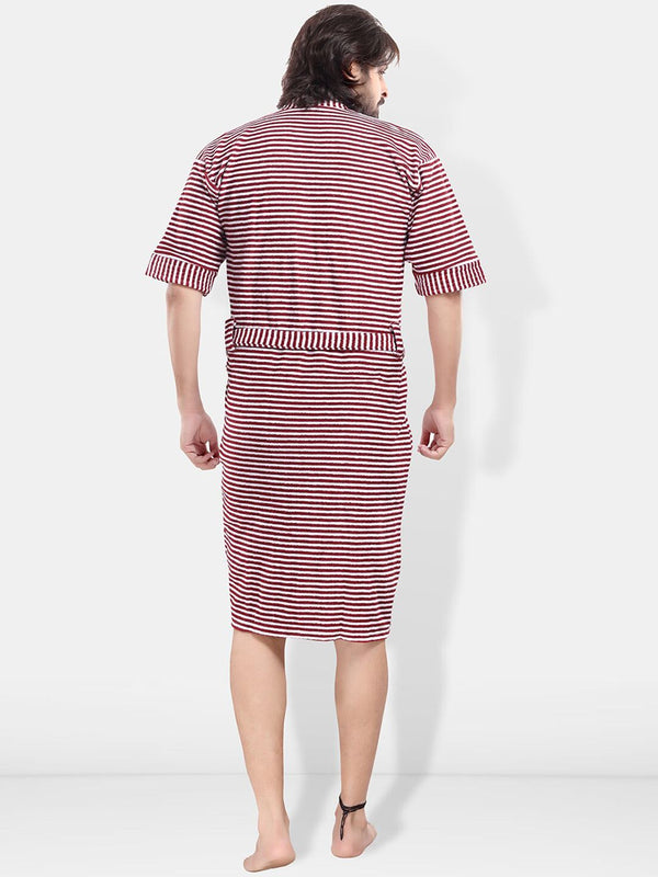 Be You Maroon Striped Cotton Drawstring Knee Length Bath Robe-3XL