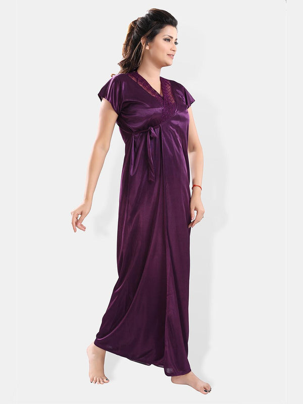 Be You V-Neck Satin Lace Night Suit With Robe