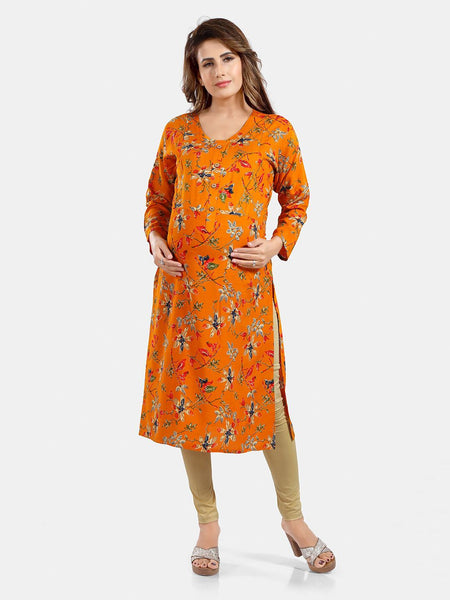 Be You Floral Printed Round Neck Maternity Straight Kurta