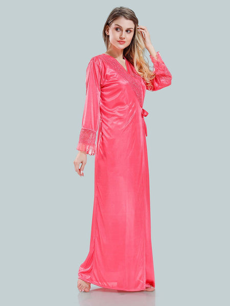Be You V-Neck Lace Up Details Satin Maxi Nightdress With Robe