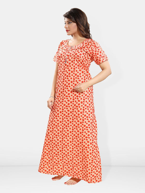 Be You Polka Dots Printed Round Neck Pure Cotton Maxi Nightdress