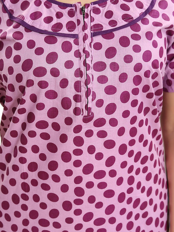 Be You Polka Dots Printed Round Neck Pure Cotton Maxi Nightdress
