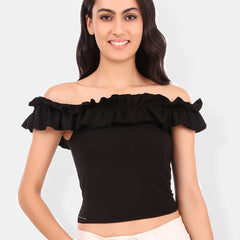 Be You Off-Shoulder Flutter Sleeve Ruffles Cotton Bardot Crop Top