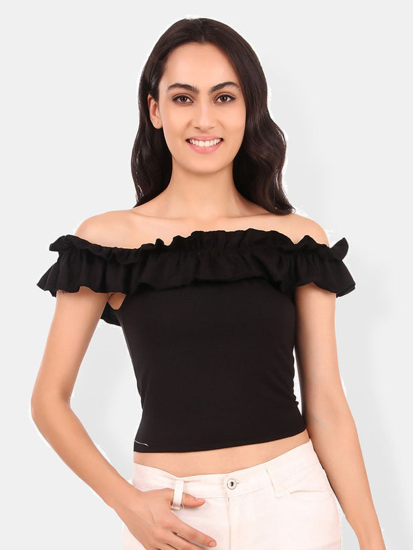 Be You Off-Shoulder Flutter Sleeve Ruffles Cotton Bardot Crop Top