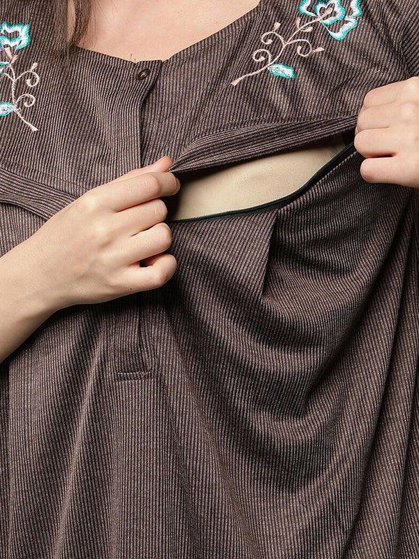 Be You Women Coffee Brown Embroidered Maxi Maternity Nightdress