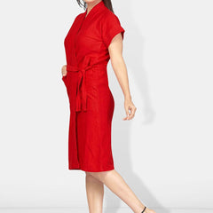 Be You Red Solid Cotton Drawstring Knee Length Bath Robe-L/XL