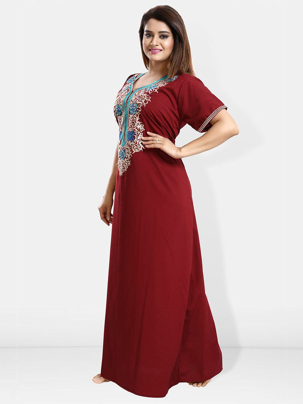 Be You Ethnic Motifs Embroidered Maxi Nightdress
