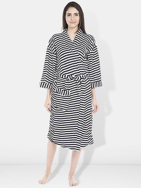 Be You Women Striped Cotton Anti-bacterial Super Soft Bath Robe With Belt