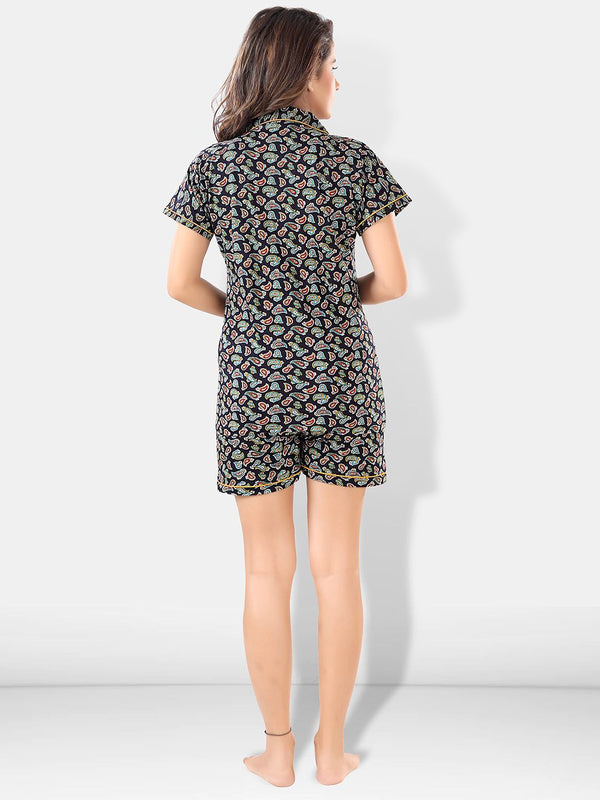 Be You Women Black & Blue Printed Pajama & Shorts with Shirt Night Suits