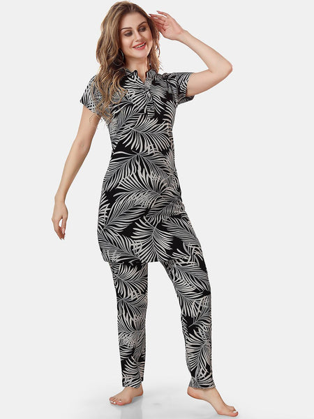 Be You Tropical Printed Mandarin Collar Longline Night Suit