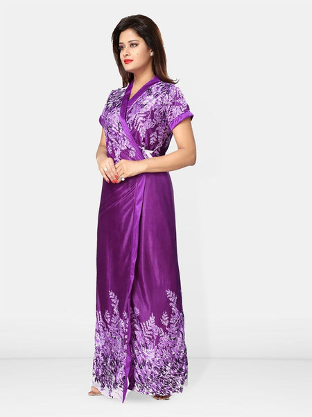 Be You Women Printed V-Neck Maxi Nightdress with Robe