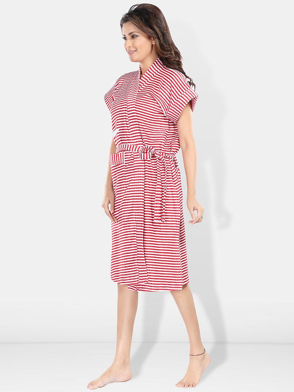 Be You Red Striped Cotton Drawstring Knee Length Bath Robe-2XL