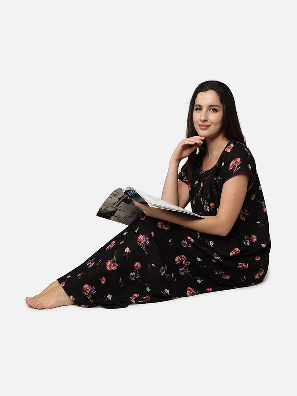 Be You Black Floral Printed Maxi Nightdress