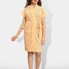 Be You Strawberry Print Peach Conversational Cotton Drawstring Knee Length Bath Robe