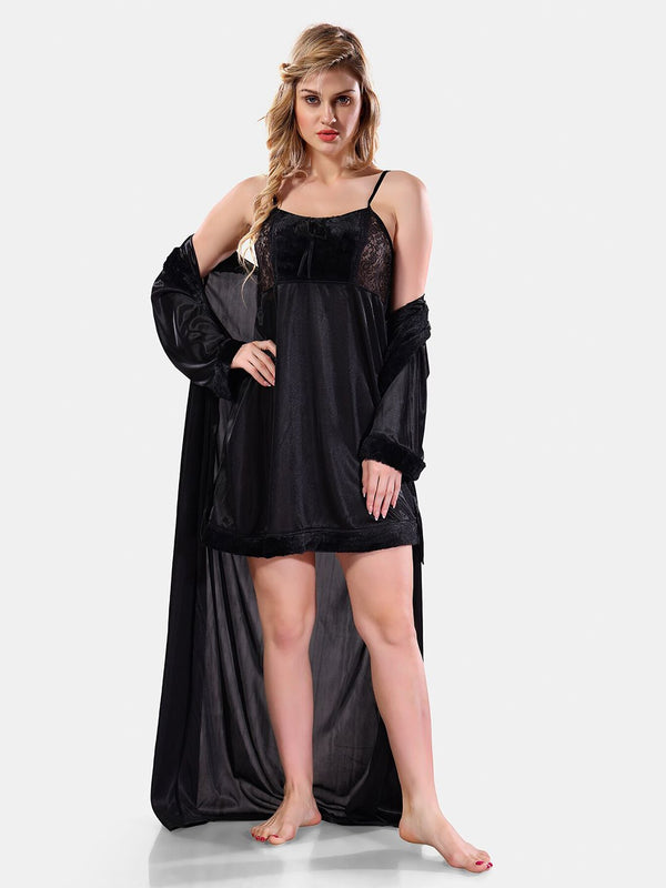 Be You Square Neck Lace Up Details Satin Maxi Nightdress With Robe