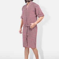 Be You Maroon Striped Cotton Drawstring Knee Length Bath Robe-3XL