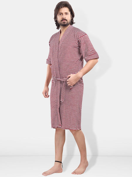 Be You Maroon Striped Cotton Drawstring Knee Length Bath Robe-3XL