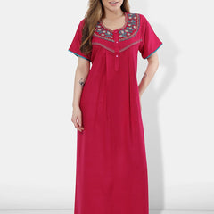 Be You Women Pink Embroidered Maxi Nightdress