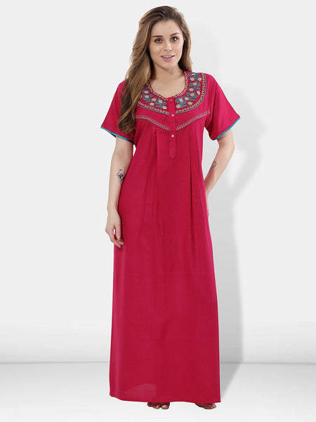 Be You Women Pink Embroidered Maxi Nightdress