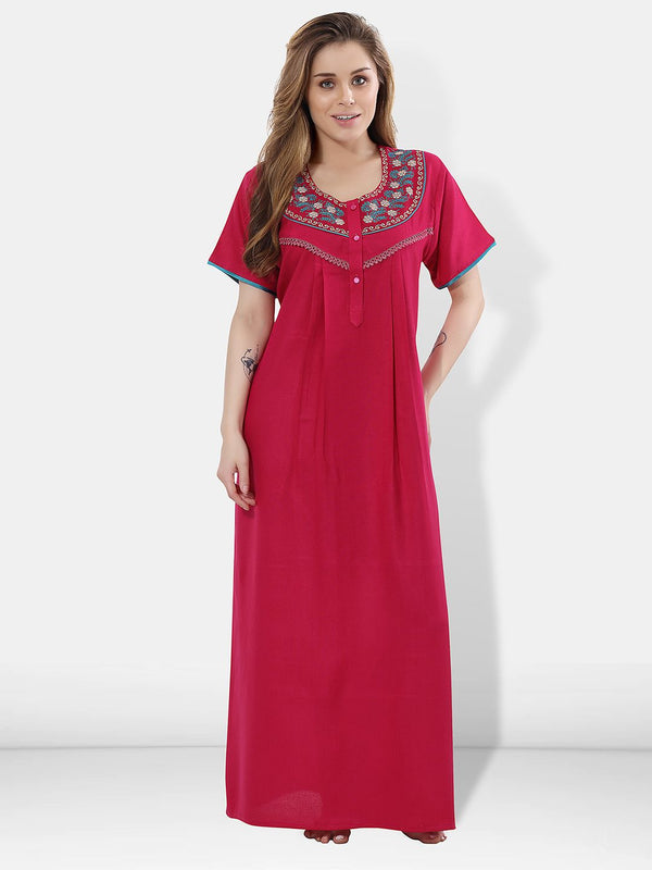 Be You Women Pink Embroidered Maxi Nightdress