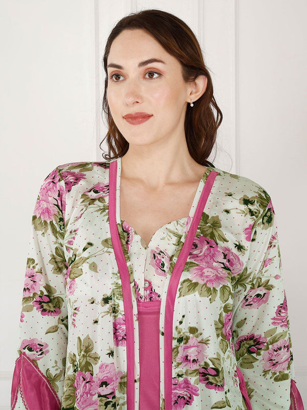 Be You Floral Printed Shoulder Straps Satin Maxi Nightdress With Robe