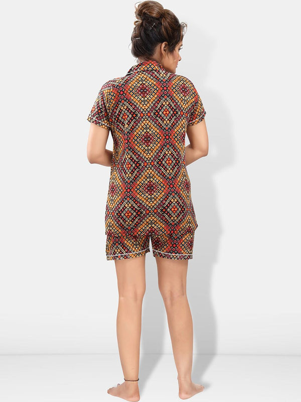 Be You Lapel Collar Geometric Printed Printed Night suit