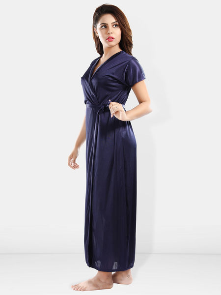 Be You Shoulder Straps Laced Nightdress With Satin Robe And Briefs
