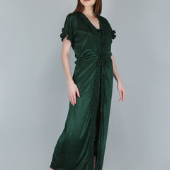 Be You Women Green Solid Satin Maxi Nightdress With Robe