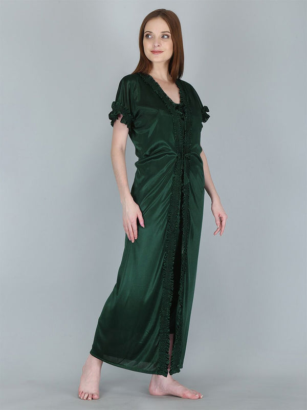 Be You Women Green Solid Satin Maxi Nightdress With Robe